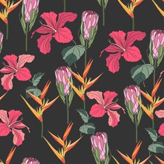Cotton fabric seamless tropical pattern, vivid tropic foliage, with bird of paradise flower, heliconia, protea, hibiscus in bloom. Dark vintage background.