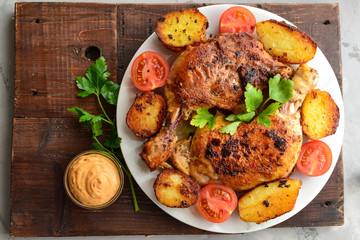 Fried chicken thigh, baked chicken leg. Top view. Dark background. Plate on a wooden board. Baked potatoes, tomatoes and chicken, a delicious lunch.