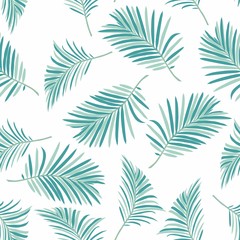 Nature seamless pattern. Hand drawn tropical summer background: mint palm tree leaves background.