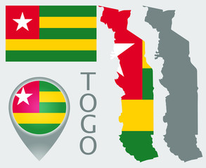 Colorful flag, map pointer, map of Togo in the colors of the togolese flag and blank map. High detail. Vector illustration