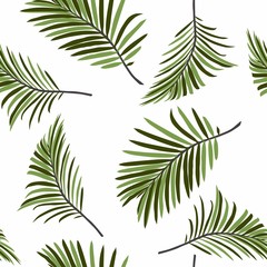Nature seamless pattern. Hand drawn tropical summer background: green palm tree leaves background.