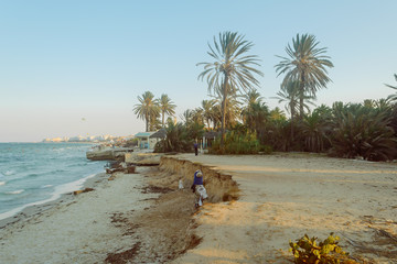  View of the coast of resort Sousse before sunset from an abandoned hotel, North Africa