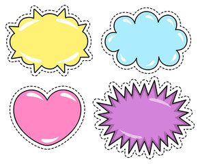 Speech bubbles, heart and cloud shaped stickers for web. Simple yellow and blue, pink and violet colored tags. Mockup, pattern of label drawing. Vector illustration of set of objects in flat style