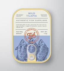 Canned River Fish Abstract Vector Aluminium Container Packaging Design or Label. Modern Typography Banner, Hand Drawn Tilapia Silhouette with Lettering Logo. Color Paper Background Layout.