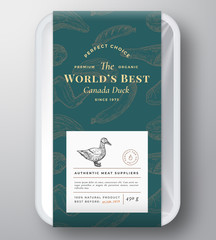 Worlds Best Poultry Abstract Vector Plastic Tray Container Cover. Premium Meat Vertical Packaging Design Label Layout. Hand Drawn Duck, Steak, Sausage, Wings Sketch Pattern Background.