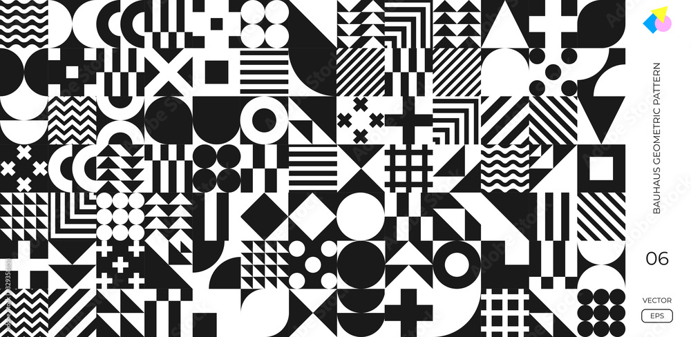 Poster Bauhaus pattern background, vector abstract geometric black and white circle, triangle and square lines. Bauhaus Swiss background with monochrome pattern