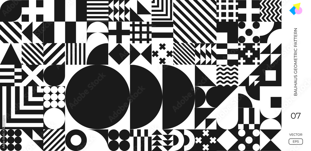 Poster Bauhaus pattern abstract geometric shapes vector background. Black and white circle, triangle and square lines, Bauhaus Swiss pattern on monochrome background