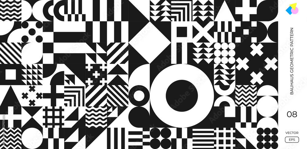 Poster abstract bauhaus geometric pattern, vector background. black and white bauhaus swiss pattern backgro
