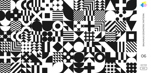Bauhaus pattern background, vector abstract geometric black and white circle, triangle and square lines. Bauhaus Swiss background with monochrome pattern