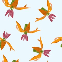 Orange lily flower seamless pattern on blue background.