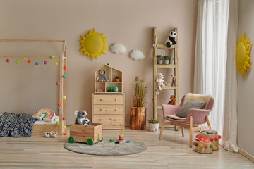 Teenage room, wooden concept, bed cabinet and chair decor.