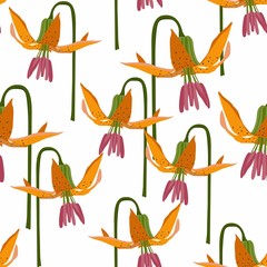Obraz premium Orange lily flower seamless pattern on white background.