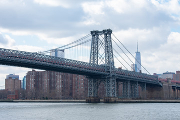The Williamsburg Bridge over the East River looking towards the Lower East Side of New York City