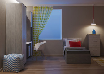 Cozy stylish bedroom designed for a teenager. Night. Evening lighting. 3D rendering.