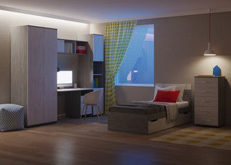Cozy stylish bedroom designed for a teenager. Night. Evening lighting. 3D rendering.