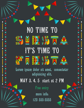 No time to siesta its time to fiesta poster template with festive decorative elements.