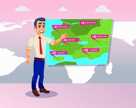 Reporter Leading Weather News Broadcast Cartoon. Anchorman Reporter Talking About Season Temperature. Handsome Media Man Television Announcer Standing Next To World Map. Vector Flat Illustration