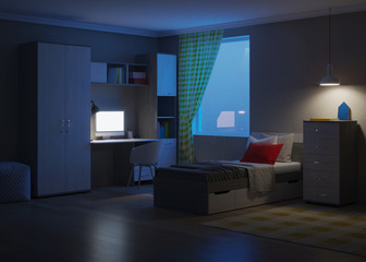 Cozy stylish bedroom designed for a teenager. Night. Evening lighting. 3D rendering.