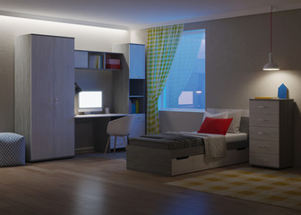 Cozy stylish bedroom designed for a teenager. Night. Evening lighting. 3D rendering.