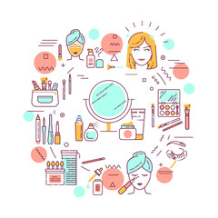 Facial makeup web banner. Cosmetic products. Feminine skincare. Infographics with linear icons on white background. Creative idea concept. Isolated outline color illustration