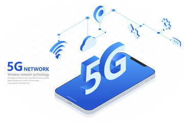 5G wireless network technology vector illustration, big letter 5G and smartphone isometric, mobile internet concept, digital service