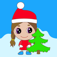 emoji with girl wearing a red christmas winter hat in front of a toy pine tree, simple colored emoticon, simplistic colorful illustration on isolated background