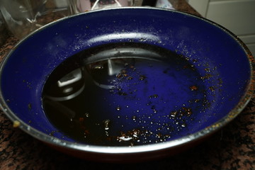 ölige blaue Bratpfanne