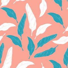 Seamless exotic leaves pattern background. Peach background with drawing blue line art illustration. 