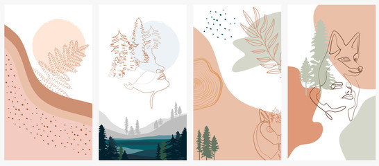 Set of abstract vertical background with forest animals, woman face, plants in one line style and abstract shapes and landscape. Background for social media minimalistic style. Vector illustration