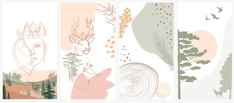 Set of abstract vertical background with forest animals, woman face, plants in one line style and abstract shapes and landscape. Background for social media minimalistic style. Vector illustration