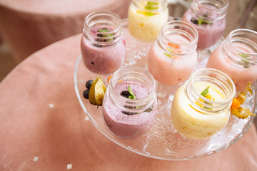 Beautifully decorated catering banquet table with smoothie