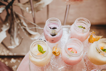 Beautifully decorated catering banquet table with smoothie