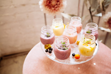 Beautifully decorated catering banquet table with smoothie