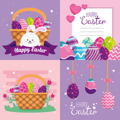 set cards happy easter with decoration vector illustration design