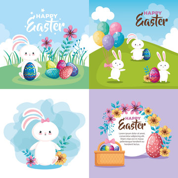 set of happy easter card with decoration vector illustration design