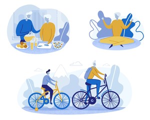 Old People Have Healthy Lifestyle Flat Cartoon Vector Illustration. Couple Eating Organic Food. Grandmother Cutting Fresh Salad, Grandfather Pouring Juice. Woman Meditating, Man Riding Bike with Boy.