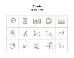 Charts line icon set. Diagram, presentation, statistical report isolated outline sign pack. Graph, analysis, statistics concept. Vector illustration symbol elements for web design and apps