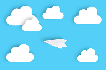 White clouds cut out of paper with shadow on a blue background with a flying paper airplane.