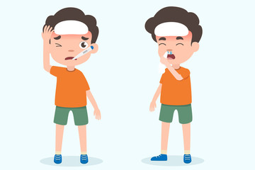 Cute boy kids having flu and fever symptoms vector. health and medical vector illustration on isolated.