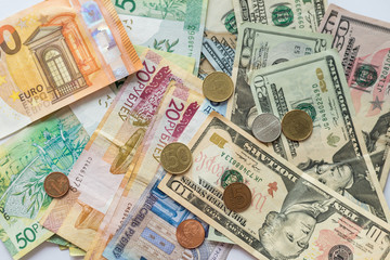 Close-up of money. Belarusian rubles, dollars and Euro currency.