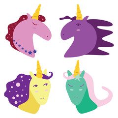 Seth unicorns. Beautiful gentle unicorns in cartoon style. Vector illustration isolated on white background for design and web.