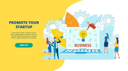 Group Animated Cartoon Characters think about Business Development. Man with Telescope, Laptop, Ready Business Solutions. Modern Flat Illustration. Hand Drawing. Mechanical Parts, Leaves trees.