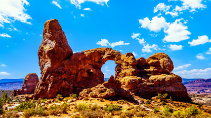 Turret Arch, one of the many large Sandstone Arches in the desert landscape of Arches National Park...