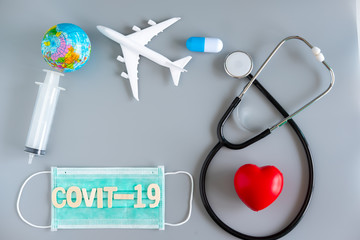 Topview of treatment, protection, mask, prevention of epidemics with new vaccine invention concept,...