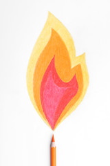Drawing of fire and orange pencil on white background, top view
