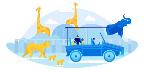 Cartoon Wild Animals and Tourists in Car Vector Illustration. Outdoor Adventure. Visitor in Open Air Zoo with Predators, Herbivorous, Mammals. Car Safari Tour. National Country Park. Wilderness Nature