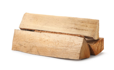 Cut firewood on white background. Heating in winter