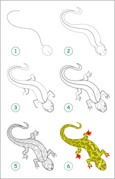 How to draw step by step cute little lizard. Educational page for kids. Back to school. Developing children skills for drawing and coloring. Printable worksheet for baby book. Vector cartoon image.