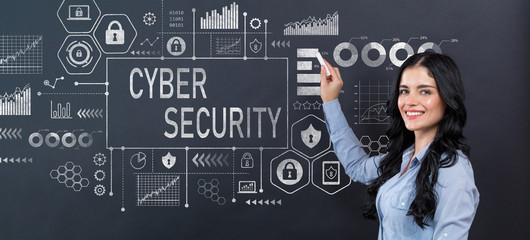 Cyber security theme with young woman writing on a blackboard