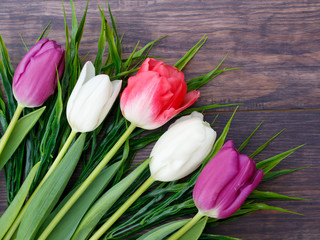 Multi-colored tulips on a dark wooden substrate. Greeting card for Mother's Day, March 8, birthday. Wallpaper, screen saver or background